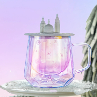 【KOTI 日安生活】夢幻城堡造型把手隔熱雙層玻璃杯附杯蓋(320ml單耳有柄耐熱咖啡杯水杯交換聖誕禮物)