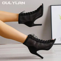 Women's Shoes Fashionable Lace up High Heels Sandals Ladies Mesh Cool Boots Slim Heels Oversized Jazz Dance Shoes Fish Billed