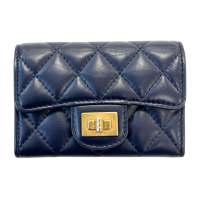 【二手名牌BRAND OFF】CHANEL 香奈兒 藍色 牛皮 菱格紋 2.55 扣式 卡夾 零錢包 (無卡)
