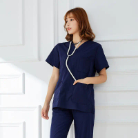 Women's short-sleeved pure cotton scrub suit, doctor nurse isolation gown, dark green two-piece work