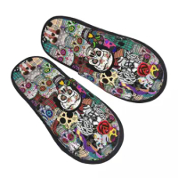 Personalized Mexican Day Of The Dead Skull Comfy Scuff Memory Foam Slippers Women Halloween Bedroom House Shoes