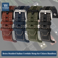 Retro with Willow Nails Italian Cowhide Watch Strap for Citizen Hamilton Seiko IWC Vintage Bracelet Watchband Brown Men 22mm