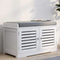 Shoe Storage Benches  with 2 Doors &amp; Padded Seat Cushion in Grey Shoe Cabinet Shoe Entryway  Freight free