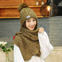 【Acorn 橡果】韓系甜美針織加絨毛帽耳罩+圍巾披肩圍脖兩件套1825(兩件式-咖啡)