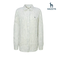 【HAZZYS】女款墨綠色簡約時尚亞麻直條紋襯衫-S