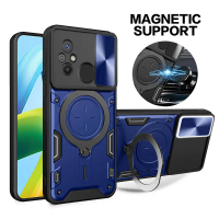 Sarung Xiaomi Redmi 12C, Sarung Perisai Pelindung Kamera Slaid, Penutup Cincin Pemegang Kereta Magne