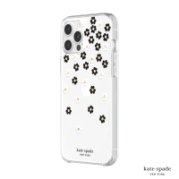KATE SPADE iPhone 12 Pro Max 6.7吋 Scattered Flowers 黑白小花 金色鑲鑽透明殼(iPhone 保護殼)