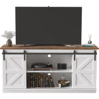 TV Stand Up To 65 Inches, With Sliding Barn Doors And Storage Cabinets, Metal Media TV Console Table For Living Room