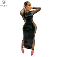 VAZN 2022 New Novelty Black Sexy Club Young See Through Open Round Neck Full Sleeve Women High Waist Pencil Long Dress