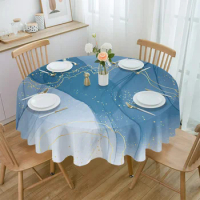 Marble Line Gold Gradient Overlap Blue Waterproof Tablecloth Table Decoration Wedding Home Kitchen Dining Room Round Table Cover
