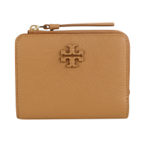 TORY BURCH Mcgraw立體皮雕TB 皮革拉鍊暗釦短夾(淺駝色)