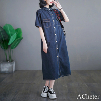 【ACheter】薄款牛仔連身裙韓版休閒短袖寬鬆長款復古襯衫洋裝#117662(深藍)