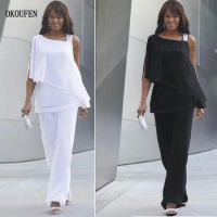 Mother of The Bride Dresses for Wedding White Black Chiffon Two Pieces Pantsuits Beaded Shoulder Tiered Simple Africa Farsali
