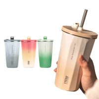 【Her】600ml漸層咖啡杯304不鏽鋼保溫杯 泰碩保溫杯 真空保溫水壺水杯水瓶(彈跳吸管 環保飲料隨行杯)