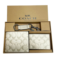 COACH 男款8卡短夾附鑰匙圈活動證件夾禮盒(立體浮雕C LOGO-米白)