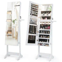 Costway Standing Jewelry Cabinet Full Length Mirror Lockable w/ 3-Color LED Lights White
