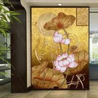 金蓮花荷花壁畫東南亞金箔壁紙佛教文化背景墻瑜珈館美容泰式