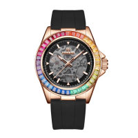 【RICHARD RICH】愛時 RR 海軍上將系列 玫金彩鑽圈縷空錶盤自動機械氟矽膠腕錶(鏤空機械錶)