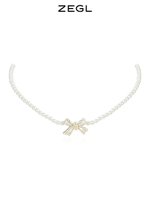 ZEGL蝴蝶結人造珍珠項鏈女輕奢小眾設計感復古choker鎖骨鏈配飾品