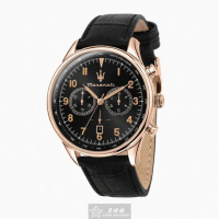 【MASERATI 瑪莎拉蒂】MASERATI手錶型號R8871646001(黑色錶面玫瑰金錶殼深黑色真皮皮革錶帶款)