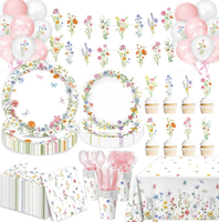 175 PCS Spring Wildflower Party Decorations include Plates Cups Napkins Cutlery Cake Toppers Banner