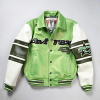 Autumn winter new casual sports leather flight suit jacket men lapel fat plus size number green French sheepskin leather jacket
