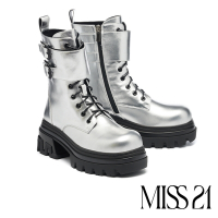 短靴 MISS 21 前衛時髦綁帶金屬牛皮大頭高跟厚底短靴－銀