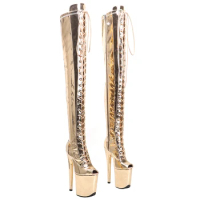 Leecabe Champagne Holo 20CM/8inches High Heel platform Boots open toe over knee Pole Dance shoes