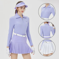 Blktee Ladies Anti-light Golf Short Skirt Breathable Pleated Sport Skort Women Elastic Stripe Golf Shirt Zipper Collar Polo Tops