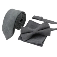 New Style Men's Tie Set Vintage Classic Soft Downy Suede Solid Necktie Bowtie Handkerchief Pocket Square Party Daily Nice Gift