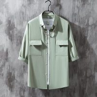 綠色襯衫男短袖潮牌夏季半袖工裝七分袖襯衣oversize港風日系外套