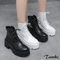 【Taroko】舒適隨行綁帶圓頭粗高跟馬汀靴(2色可選)