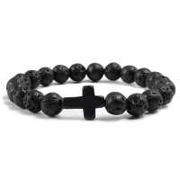 {INTO OU}  Trendy Jesus Cross Charm Blue Beaded Men Bracelets Black Lava Stone 8mm White Beads Brace