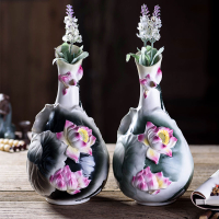 仿古做舊大荷葉花瓶 彩繪陶瓷蓮花花瓶供佛花瓶 凈瓶寶瓶供瓶