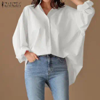 ZANZEA 2023 Elegant Spring Shirts Women's Irregular Top Casual Baggy Button Blusas Female Lapel Solid Tunic Chemise 7
