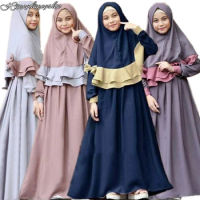 Muslim Children Girls 2 Pieces Prayer Dress Hijab Abaya Ramadan Sets Arab Kids Headscarf Long Robe Islamic Chador Gown