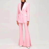 Tesco Pink Women's Suits Set Elegant 2 Pieces Double Breasted Blazer Flare Pants For Office Lady Solid Female Suit blazer mujer