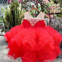 Red Fluffy Baby Girl Dress Beading Pearls Sheer Neck Puffy Dresses For Girls Gift Dress Kids Birthday Gown
