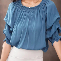 ZANZEA Women Office Blouse Fashion Solid Stringy Selvedge Collar Top 2024 Summer Elastic Half Sleeve Shirt Vintage Pleating Tops