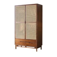 Vintage solid wood flat open two door wardrobe for household bedroom rattan woven wardrobe Walnut color small unit