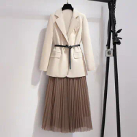 2023 Plus Size Women's Suit Blazer Dress Long Jacket Mesh Dresses Two Piece Set With Belt Elegant Women Winter Coat Dress Set