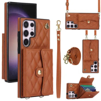 Lanyard Cards Bag Wallet Leather Case For Samsung S24 23 Ultra 22 Plus S21 Note20 A13 A14 A52 A53 A54 Bag Crossbody Pocket Cover