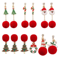 Trendy Red Pompom Earrings Christmas Tree Wreath Santa Claus Snowman Earrings For Women Fashion Long Earrings Xmas Gift