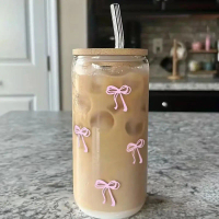 A NEW  500ml Cute Bow Glass Cup with Lid and Straw Tumbler Glass Cup for Iced Milk Coffee Smoothie C