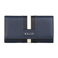 BALLY TALTOS銀字LOGO條紋設計防刮牛皮4鉤釦式三折鑰匙包(深藍x黑白條紋)