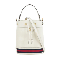 【GUCCI 古馳】Ophidia 藍紅織帶皮革小款水桶包/斜背包(白色)