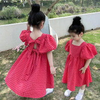【橘魔法】桃紅格子綁帶棉紗連身洋裝 (中長裙 連身裙 連身裙 洋裝 女童 兒童 童裝)