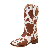 BLXQPYT Botas De Mujer 2021 Women Mid-calf Retro Western Cowboy Boot Chunky Heel Print Cows Boots Shoes Plus Size 48 88-12