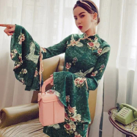 Vietnam Traditional Dress Midi Elegant Chinese Dresses Cheongsam Green Long Sleeve Qipao Ao Dai Dress Vietnam Clothing FF2754