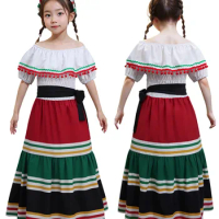 Children Mexican Style Costume Desses Mexico Ethnic Girl Long Dress Halloween Mexican Day of the Dead Campus Cosplay Clothings